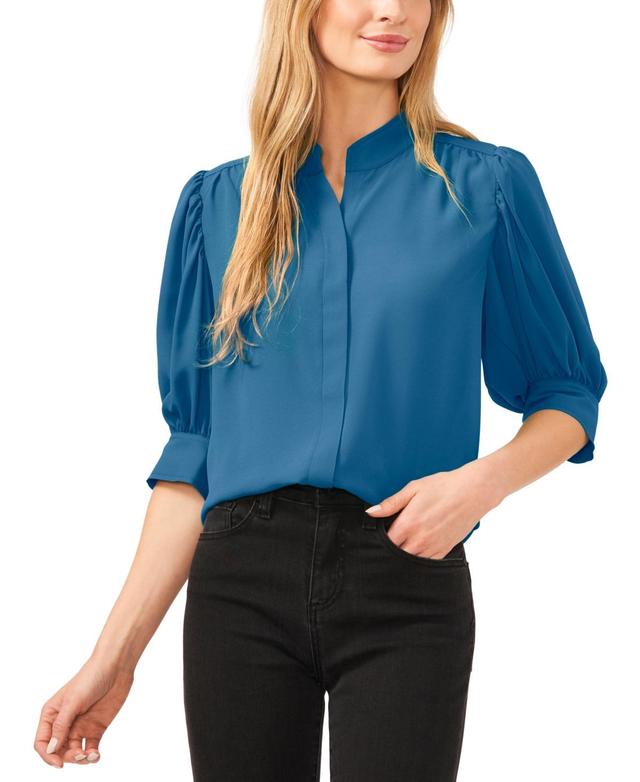 Women's Elbow Sleeve Collared Button Down Blouse Product Image