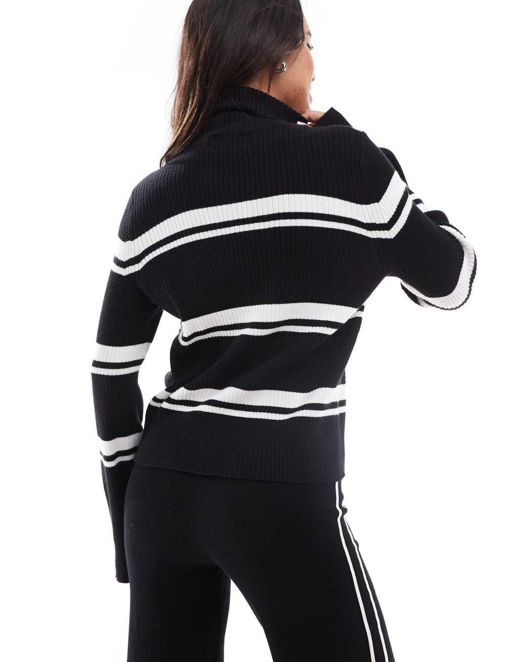 Pieces striped roll neck top in black and white Product Image