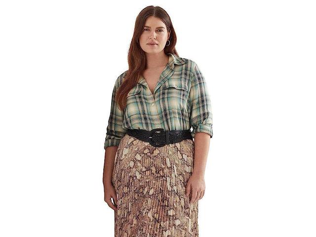 LAUREN Ralph Lauren Plus Size Oversized Plaid Twill Shirt (Blue/Green Multi) Women's Clothing Product Image