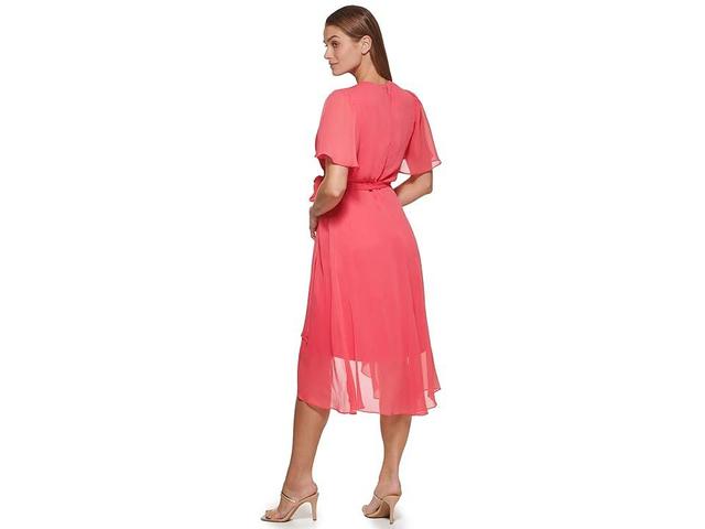 DKNY Short Sleeve Faux Wrap Belted Dress (Punch) Women's Dress Product Image