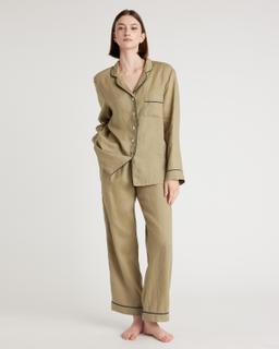 Women's 100% European Linen Long Sleeve Pajama Set with Piping Product Image