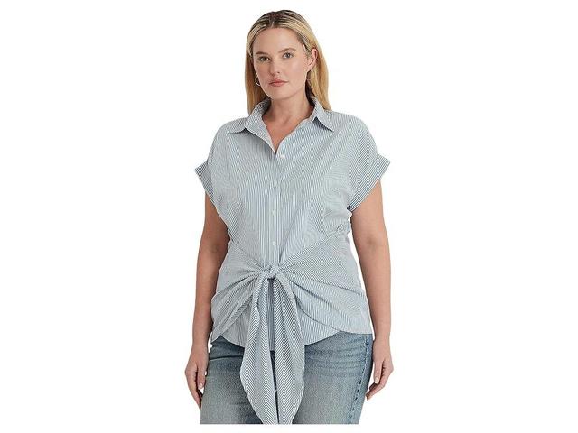 LAUREN Ralph Lauren Plus Size Striped Tie-Front Cotton Broadcloth Shirt (White/Provincial Blue) Women's Clothing Product Image