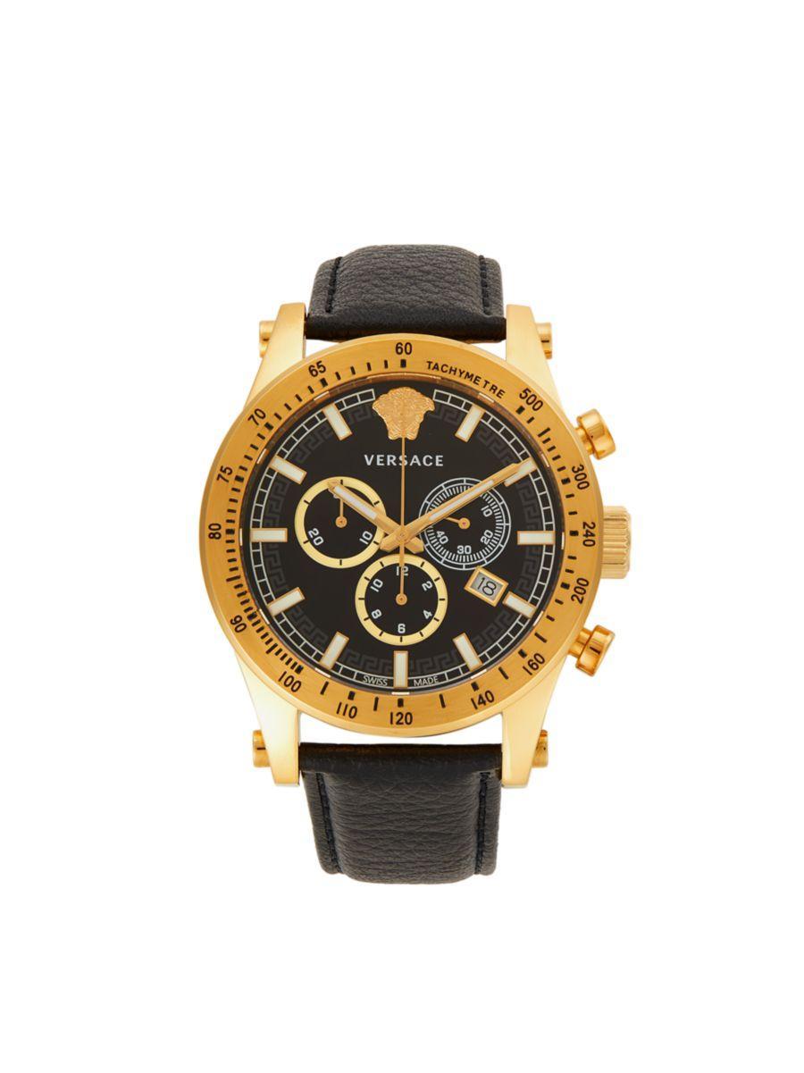 Versace Men's 44MM Goldtone Stainless Steel & Leather Strap Chronograph Watch  - male - Size: one-size Product Image